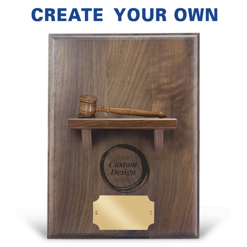 create your own option on a walnut plaque with a shelf, wooden gavel and brass plate