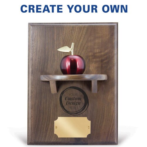 create your own option on a walnut plaque with a shelf, red brass apple bell and brass plate