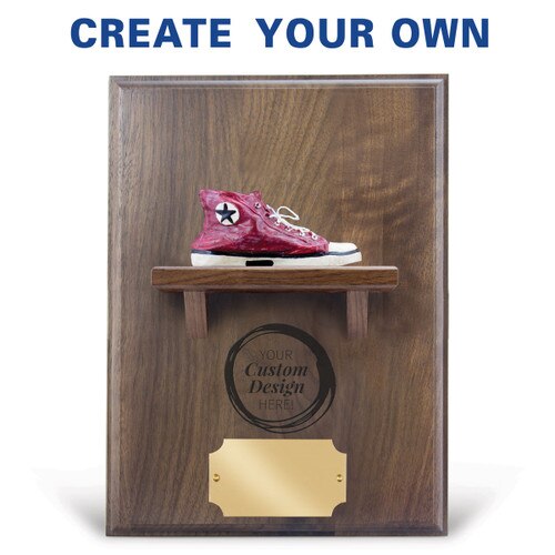 create your own option on a walnut plaque with a shelf, resin red shoe and brass plate