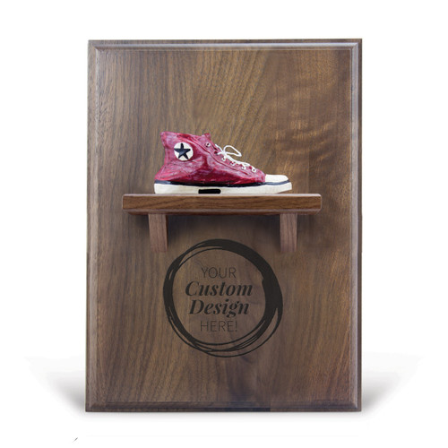 create your own option on a walnut plaque with a shelf, resin red shoe and brass plate