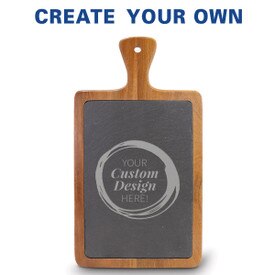 Slate and acacia wood paddle cutting board featuring your custom logo.