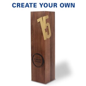 Solid walnut trophy with brushed gold years of service accents featuring your custom logo