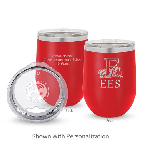 red 12 oz. stainless steel tumblers with custom logo and personalization