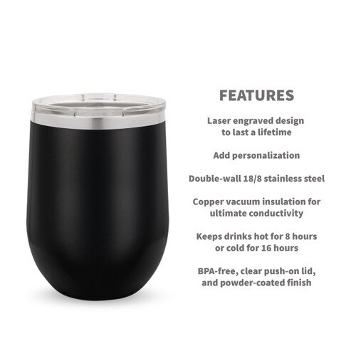 black 12 oz. stainless steel tumblers with product features