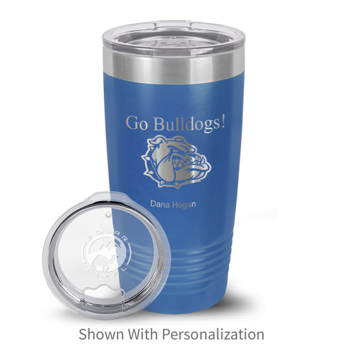 blue stainless steel tumbler with custom logo and personalization