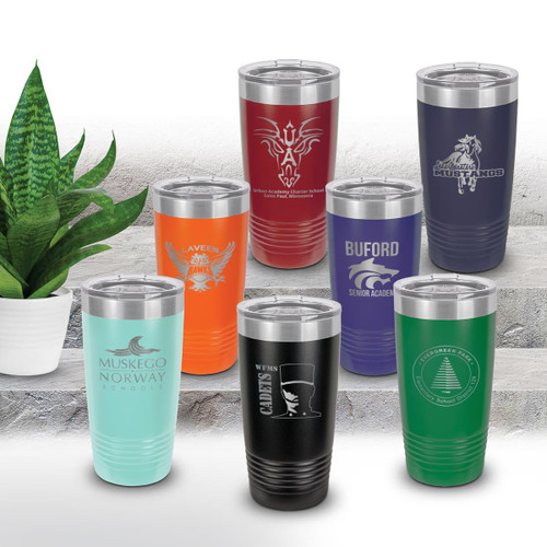 multiple colors of stainless steel tumblers with custom logos