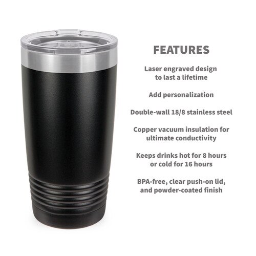 black stainless steel tumbler with product detail features