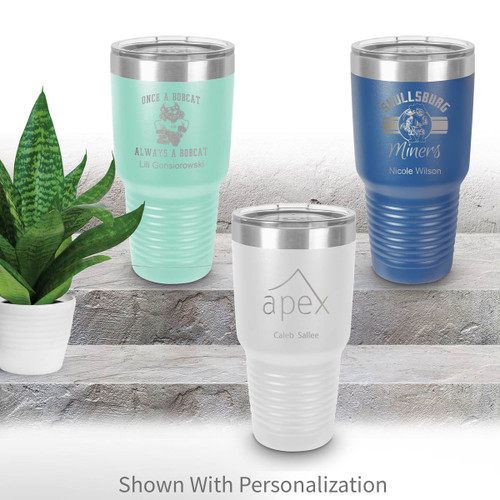 teal, white and blue stainless steel tumblers with custom logos and personalization