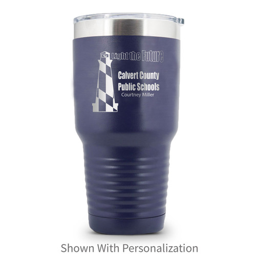 navy blue 30 oz. stainless steel tumbler with custom logo and personalization