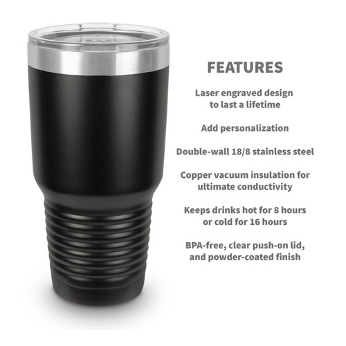black 30 oz . stainless steel tumbler with product detail features
