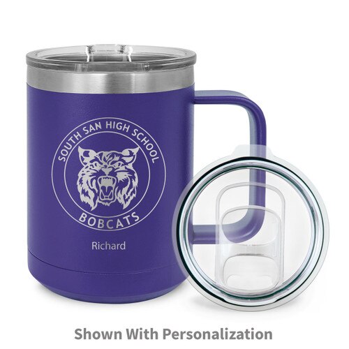 purple stainless steel mug with custom logo and personalization