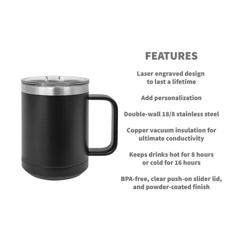 black stainless steel mug with product detail features