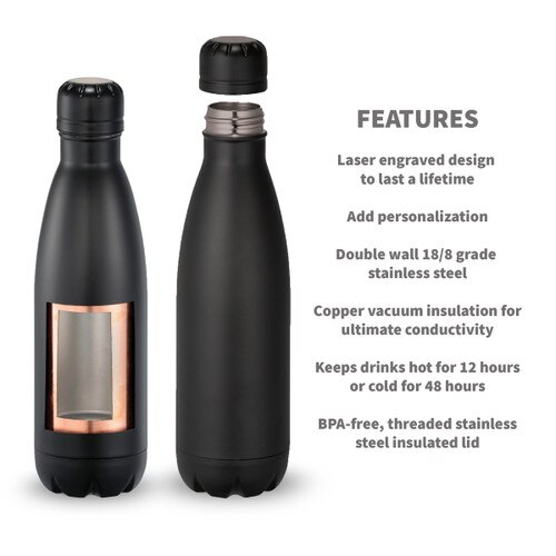 black stainless steel insulated water bottle with product detail features