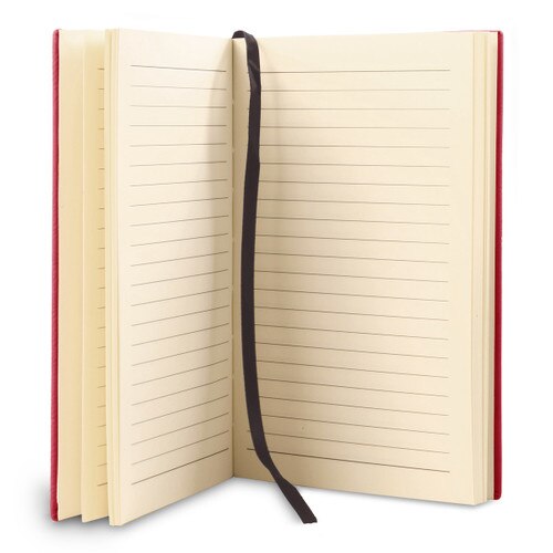 opened red journal with lined paper and black satin ribbon bookmark