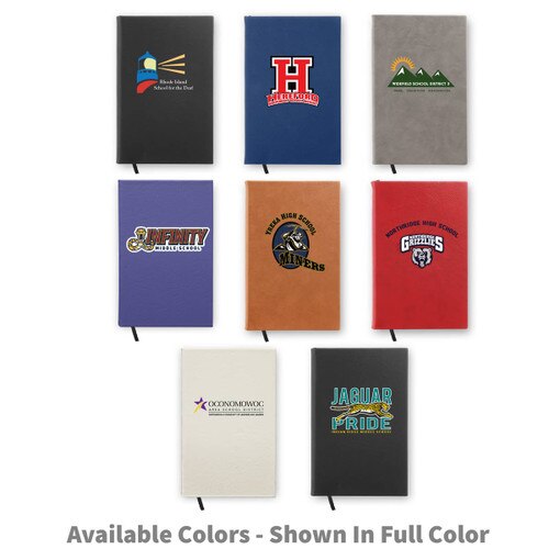 multiple colors of textured hardbound journals with full color logos