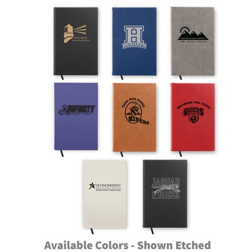 multiple colors of textured hardbound journals with 1 color logos