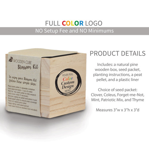 wooden cube with product details