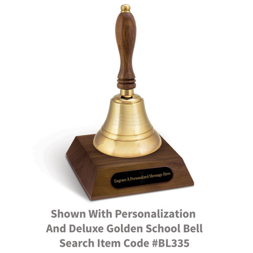 walnut deluxe bell pyramid base with personalized black brass plate and deluxe brass bell
