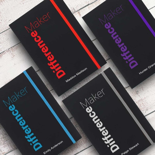 black matte journals in multiple accent colors with Difference Maker message and personalization