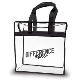 clear plastic bag with black trim and handle featuring difference maker message