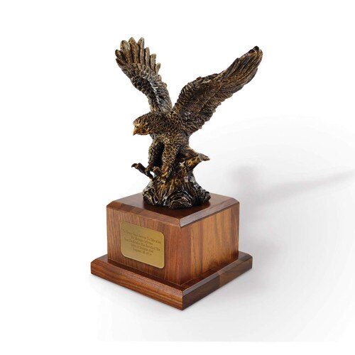 Antique gold resin eagle on solid walnut base with brass plate for personalization