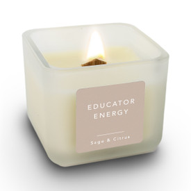 16 oz. Soy Wax Candle With Wooden Wick featuring Educator Energy message. Energizing Sage and Citrus scent.
