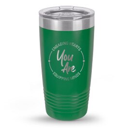 green stainless steel tumbler with engaging hearts equipping minds message