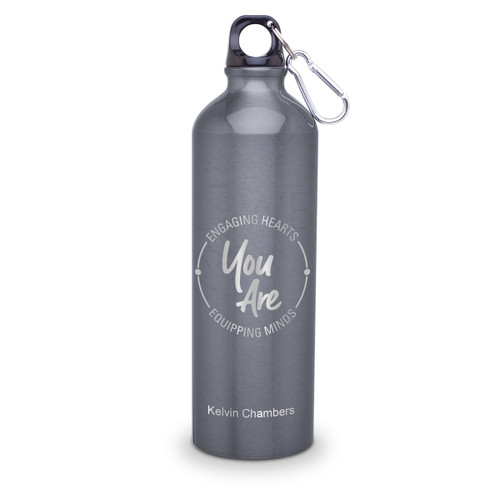 24oz. carabiner canteen featuring the inspirational message Engaging Hearts Equipping Minds. 5 colors to choose from.