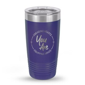 purple stainless steel tumbler with engaging hearts equipping minds message