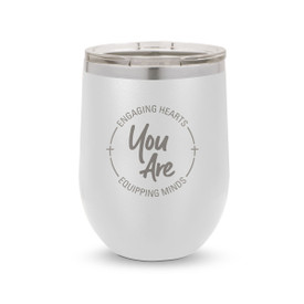 white 12 oz. stainless steel tumblers with engaging hearts equipping minds message