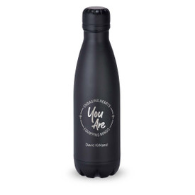 black stainless steel water bottle with engaging hearts equipping minds message