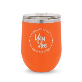 orange 12 oz. stainless steel tumblers with engaging hearts equipping minds message