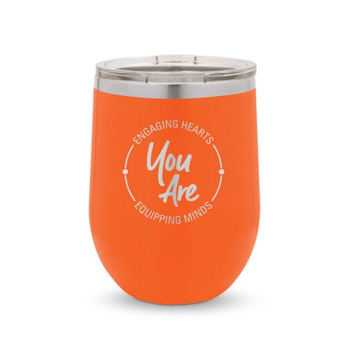 orange 12 oz. stainless steel tumblers with engaging hearts equipping minds message
