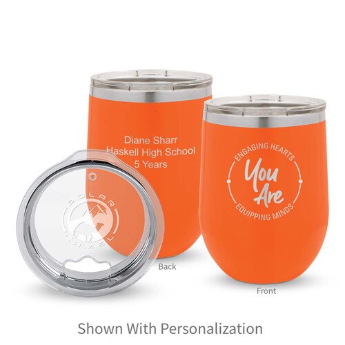 orange 12 oz. stainless steel tumblers with engaging hearts equipping minds message with personalization