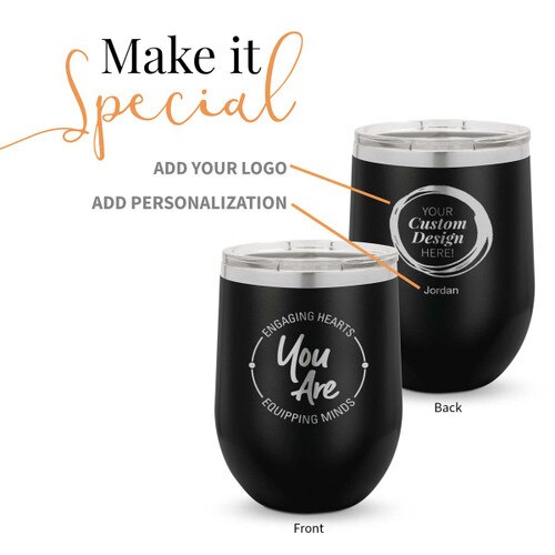 black 12 oz. stainless steel tumbler with engaging hearts equipping minds message and add your logo