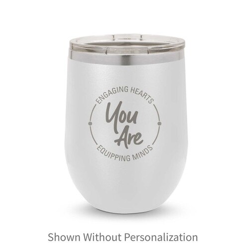 white 12 oz. stainless steel tumblers with engaging hearts equipping minds message