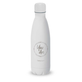 white stainless steel water bottle with engaging hearts equipping minds message