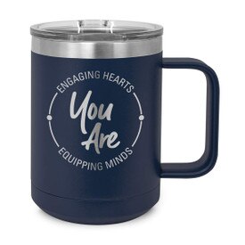 15oz. stainless steel mug features the inspirational message Engaging Hearts Equipping Minds and includes slider lid. 9 colors to choose from.
