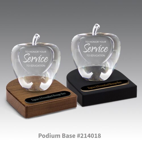 black and brown walnut podium bases with black brass plates and optic crystal apples with service to education message