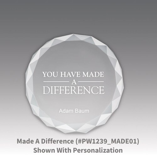 crystal faceted round paperweight with made a difference message