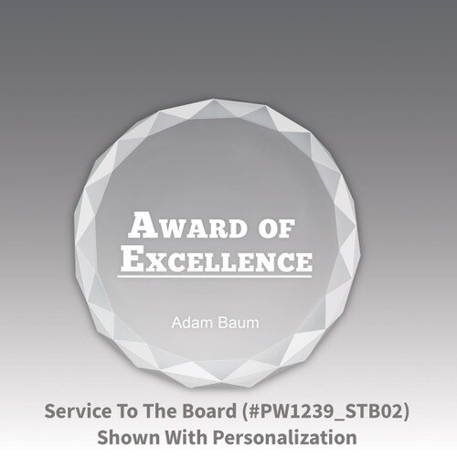 crystal faceted round paperweight with award of excellence message