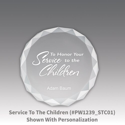 crystal faceted round paperweight with service to the children message