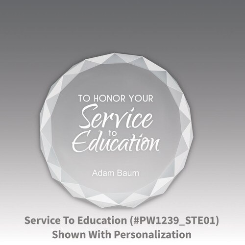 crystal faceted round paperweight with service to education message