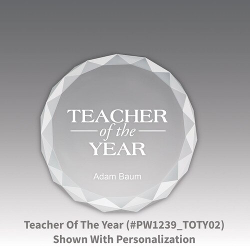 crystal faceted round paperweight with teacher of the year message