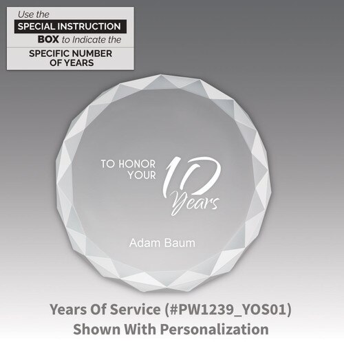 crystal faceted round paperweight with 10 years of service message
