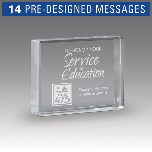 Etched Optic Crystal Paperweight Featuring Etched Pre-Designed Service To Education Messages.