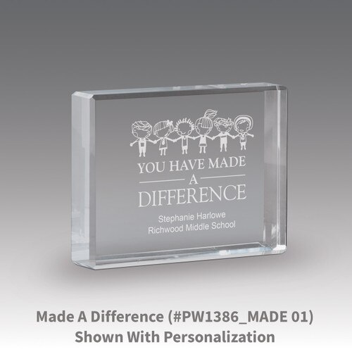 etched optic crystal paperweight with made a difference message