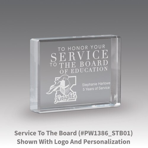 etched optic crystal paperweight with service to the board message
