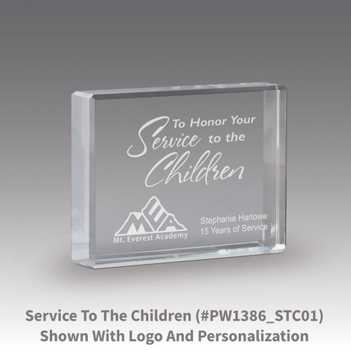 etched optic crystal paperweight with service to the children message