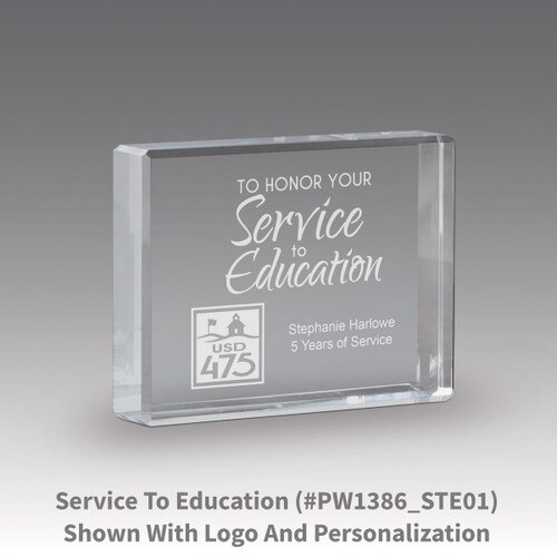 etched optic crystal paperweight with service to education message